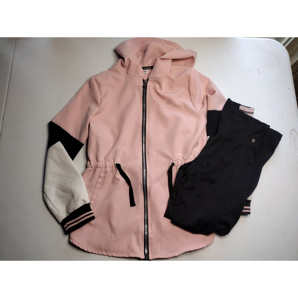 Layers Pink Colorblock Hooded‎ Jacket & Black Leggings Kids Size M 10 12 Set